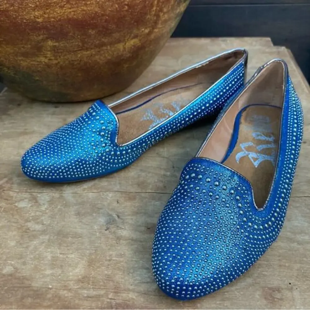 Rebels studded‎ loafer ballet flats metallic blue silver Glitzbot leather size 8